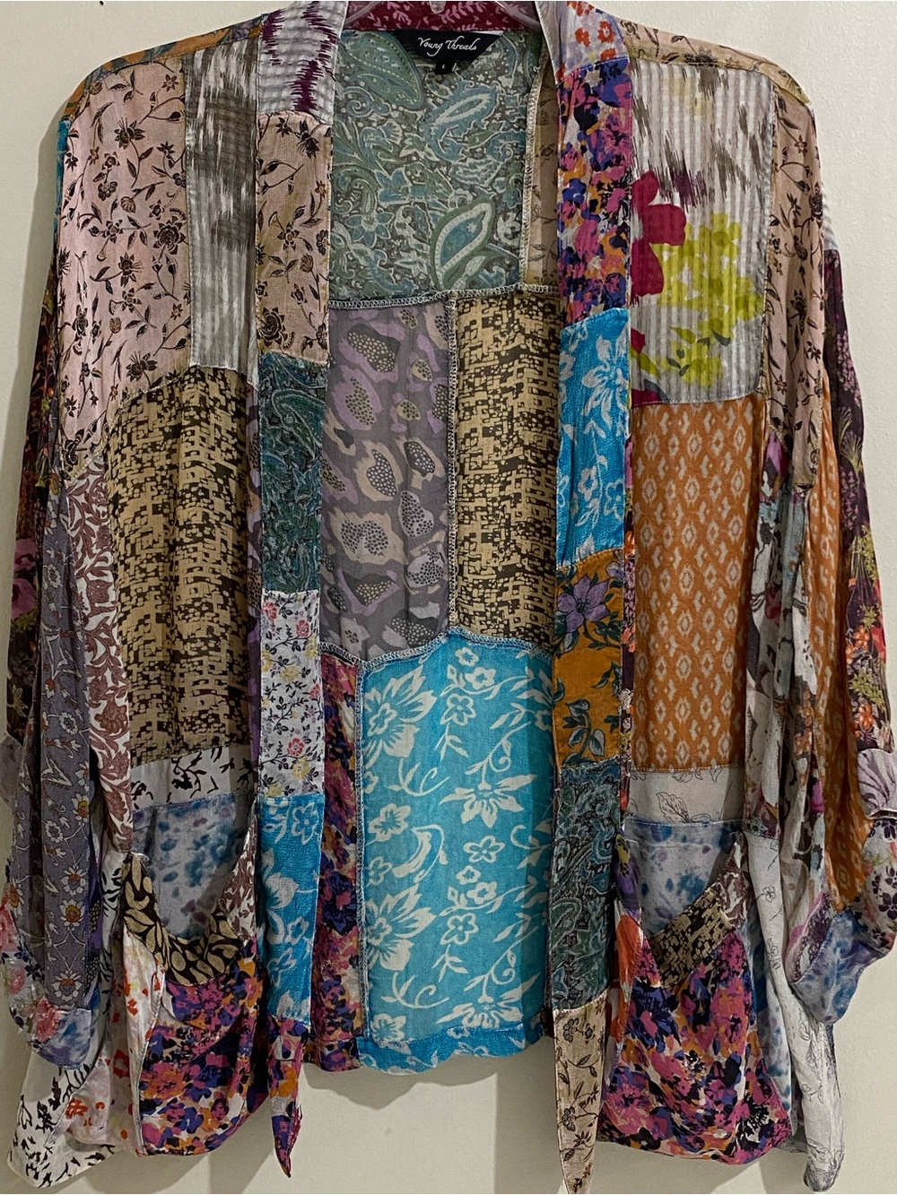 Young Threads Multicolor Patchwork Open-Front Kimono Pockets Size L